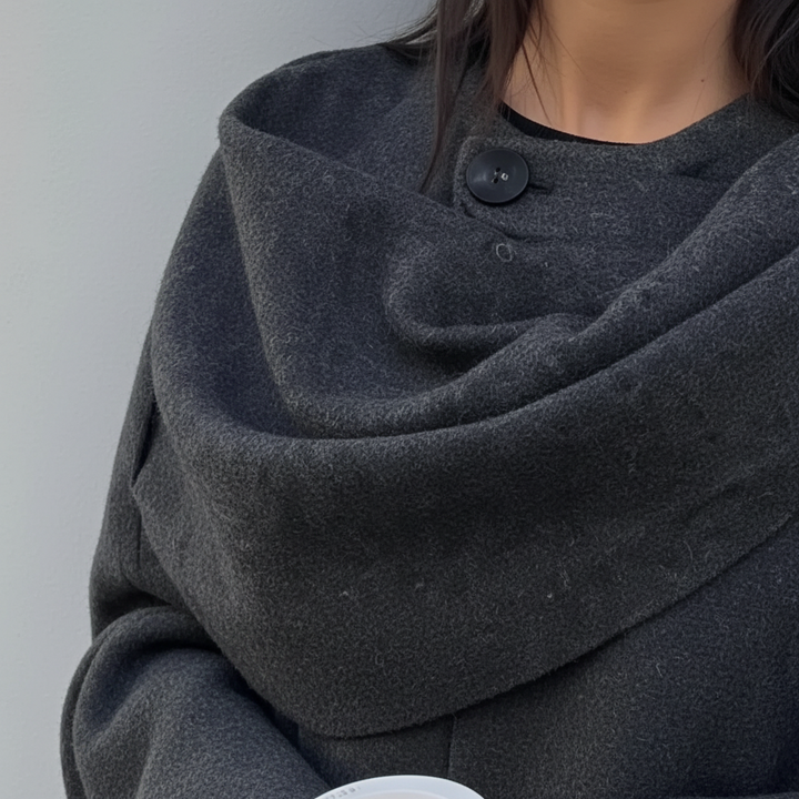 Stylish black asymmetrical cape jacket, perfect women's winter outerwear and fashion poncho