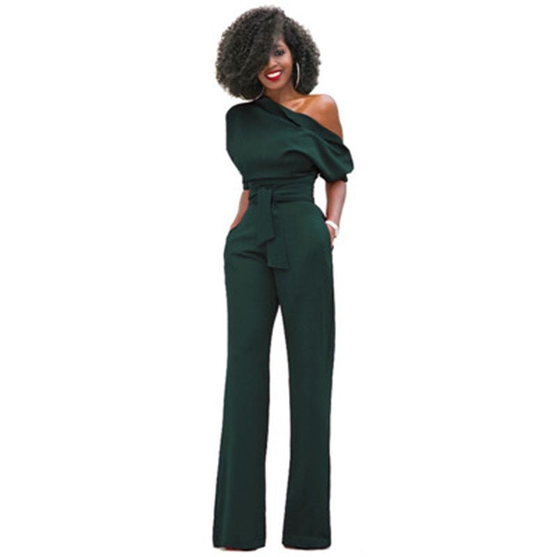 Contemporary women's elegant one-shoulder jumpsuit with a wide leg and asymmetrical design. Bestselling party wear.