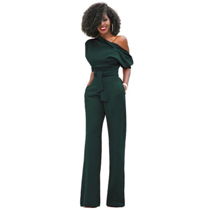 Contemporary women's elegant one-shoulder jumpsuit with a wide leg and asymmetrical design. Bestselling party wear.