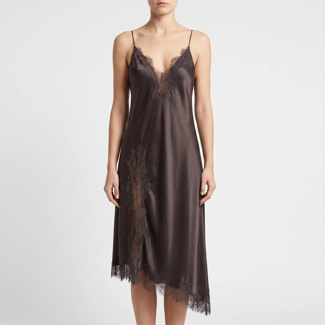 Chic women's sleeveless V-neck asymmetrical slip dress, ideal for sophisticated evening and party occasions.