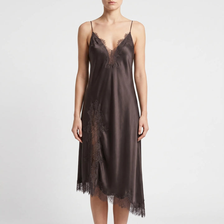 Chic women's sleeveless V-neck asymmetrical slip dress, ideal for sophisticated evening and party occasions.