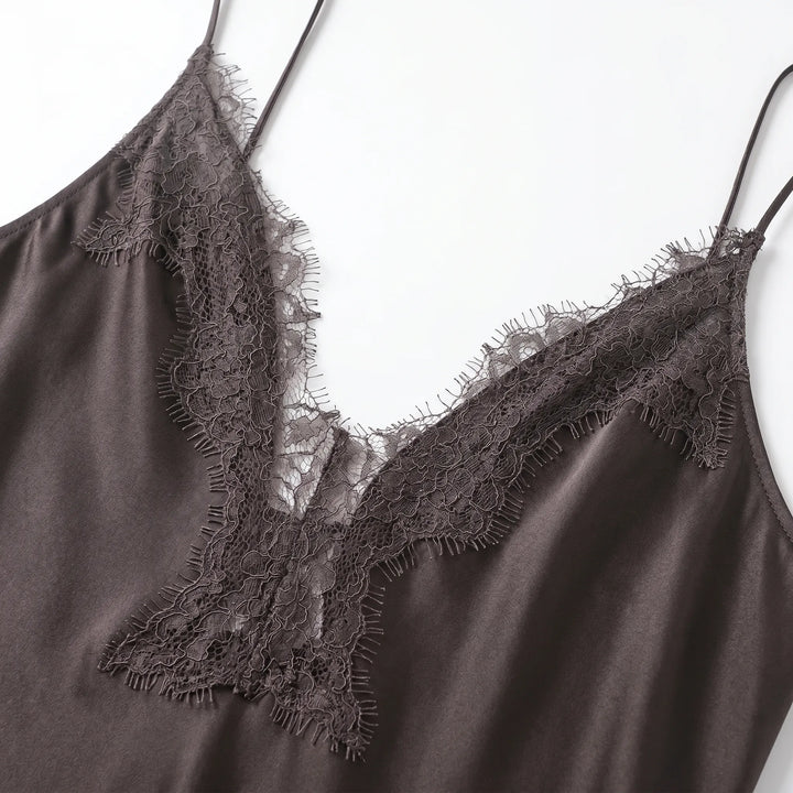 Stylish women's asymmetrical V-neck midi slip dress in black or brown, great for evening & summer events.