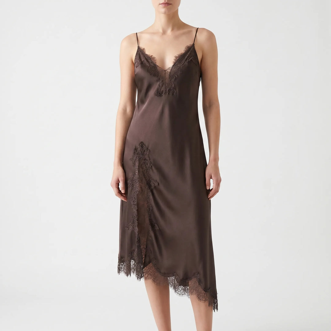 Sleek women's asymmetrical V-neck slip dress with lace trim, a versatile choice for elegant evening parties.