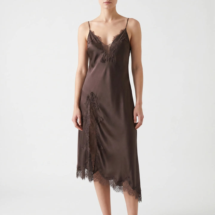 Sleek women's asymmetrical V-neck slip dress with lace trim, a versatile choice for elegant evening parties.