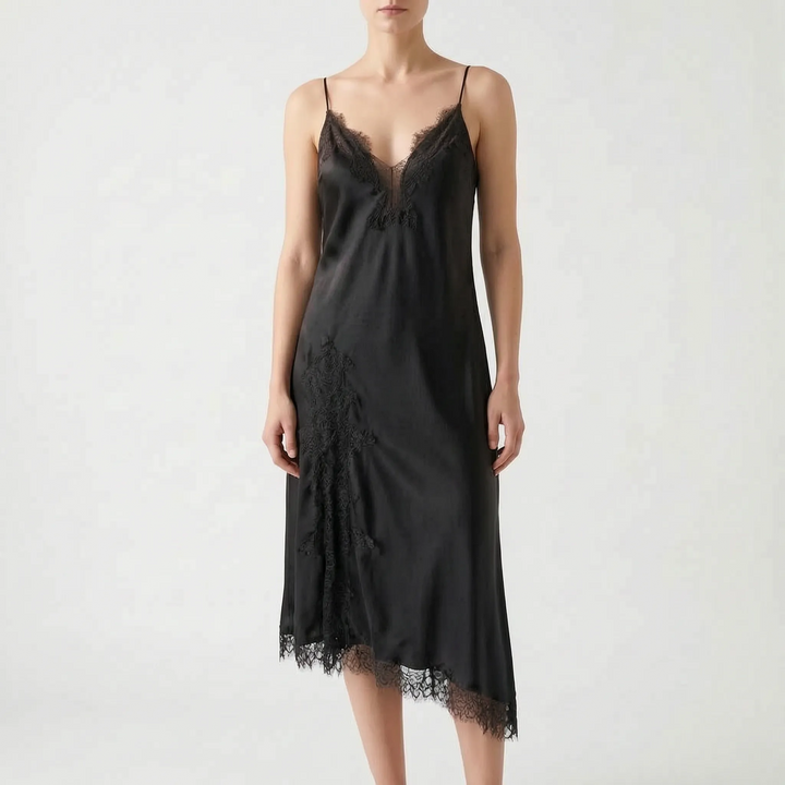 Fashionable women's asymmetrical V-neck slip dress for an effortless evening style, perfect as party wear.