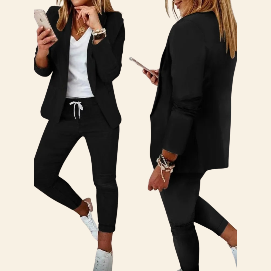 Elegant women's Aurora style outfit. Chic long sleeve top & tailored pants for a confident, versatile look.