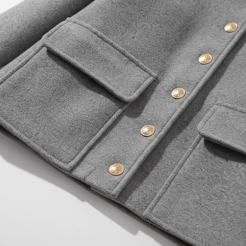 Women's tailored wool blend autumn jacket, featuring button-down front and sophisticated fall fashion look.
