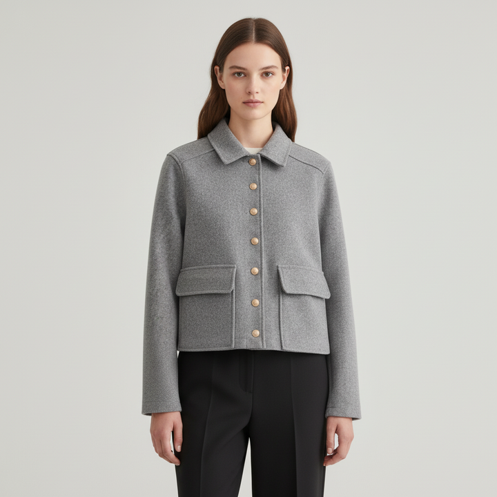 Autumn women's jacket in a luxurious wool blend, designed for elegance and comfortable casual wear.