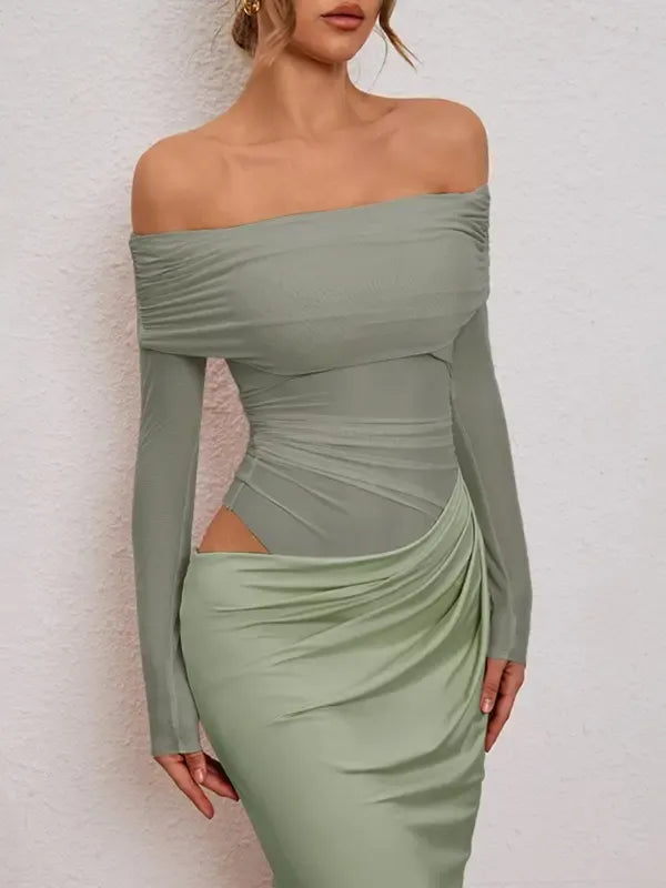 Women's off-shoulder ruched cut-out maxi dress. A stylish choice for formal wear & parties.