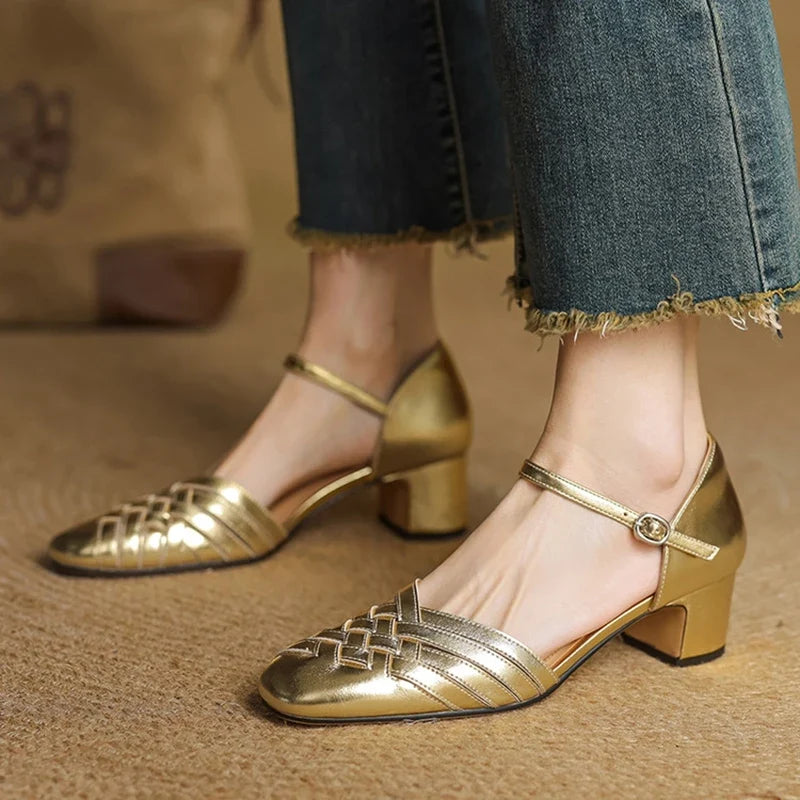 Comfortable Avora block heels with a modern, elegant aesthetic for women.