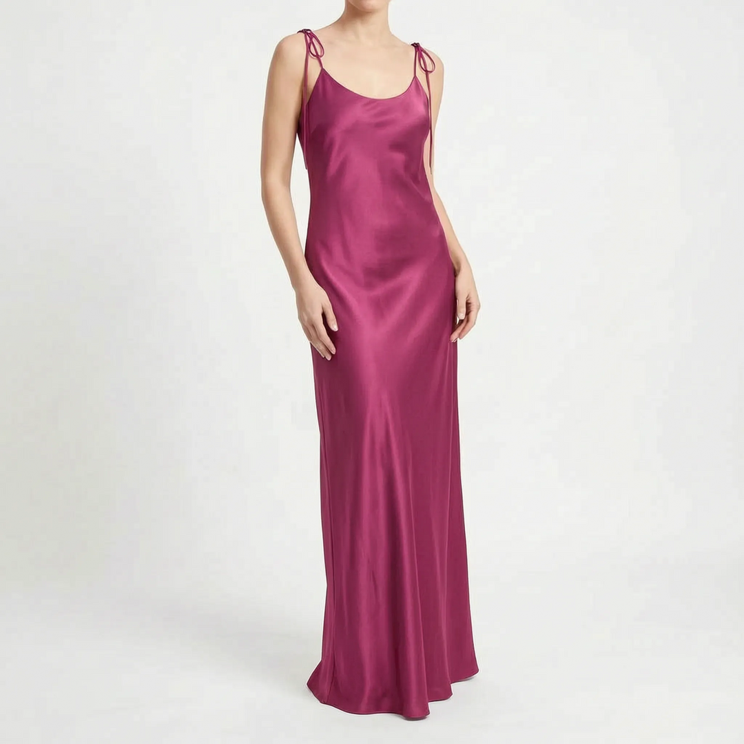 Formal backless evening gown for women, a graceful floor-length slip dress for parties and events.