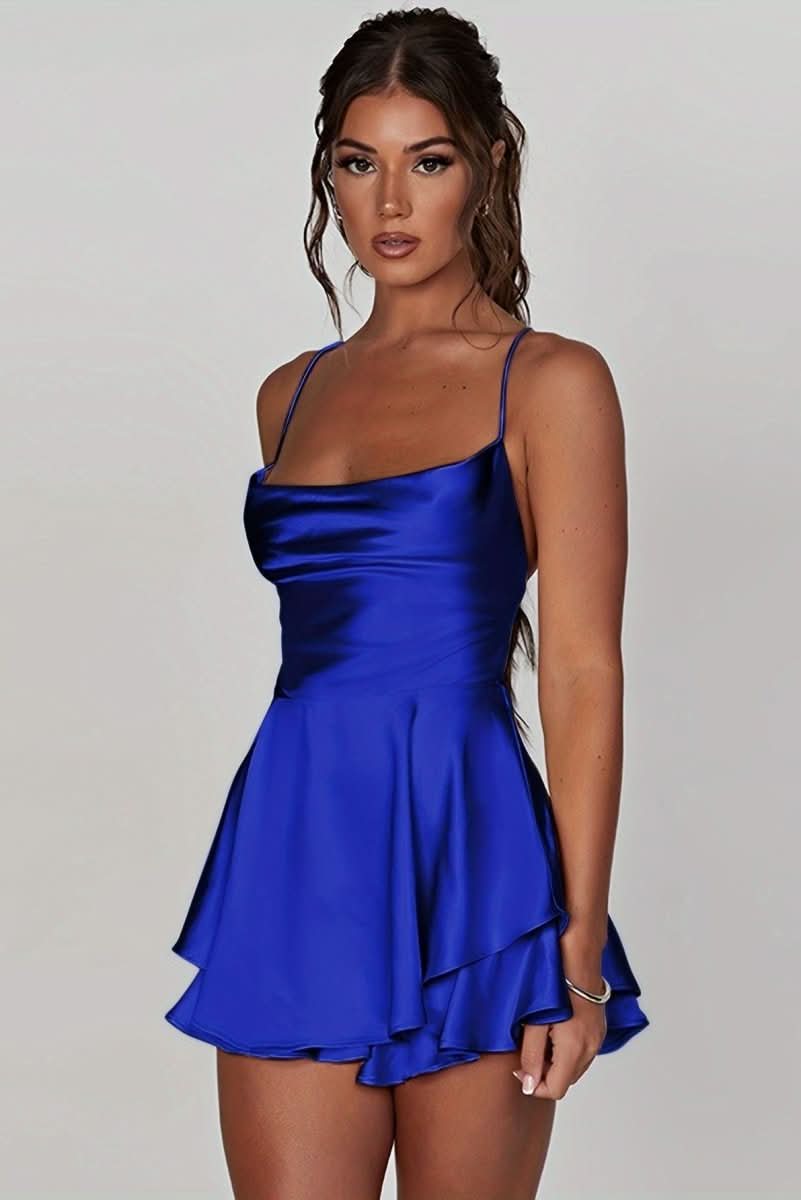 Modern women's elegant backless halter cocktail mini dress, perfect for parties and special occasions.