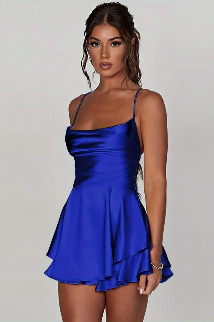 Modern women's elegant backless halter cocktail mini dress, perfect for parties and special occasions.