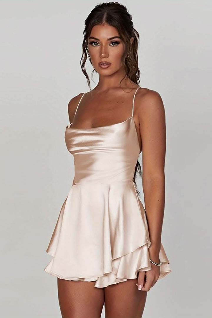 Elegant ruched backless halter mini dress for women, ideal for cocktail parties & summer special occasions.