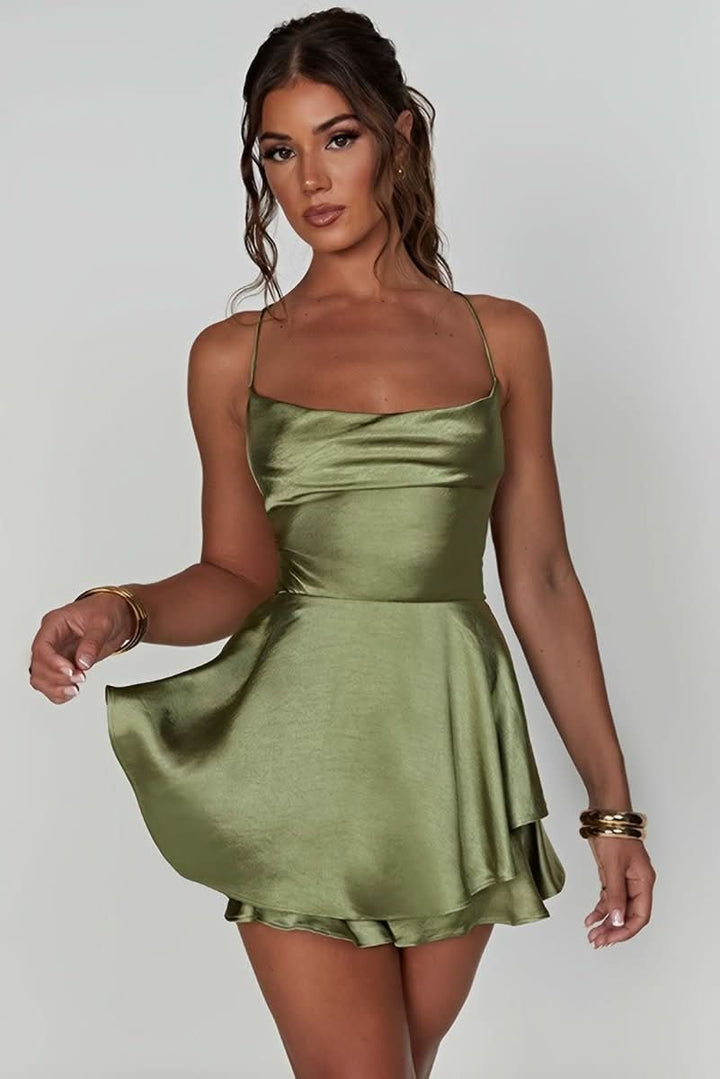 Sophisticated women's backless halter cocktail mini dress, perfect for formal events, parties & evenings.