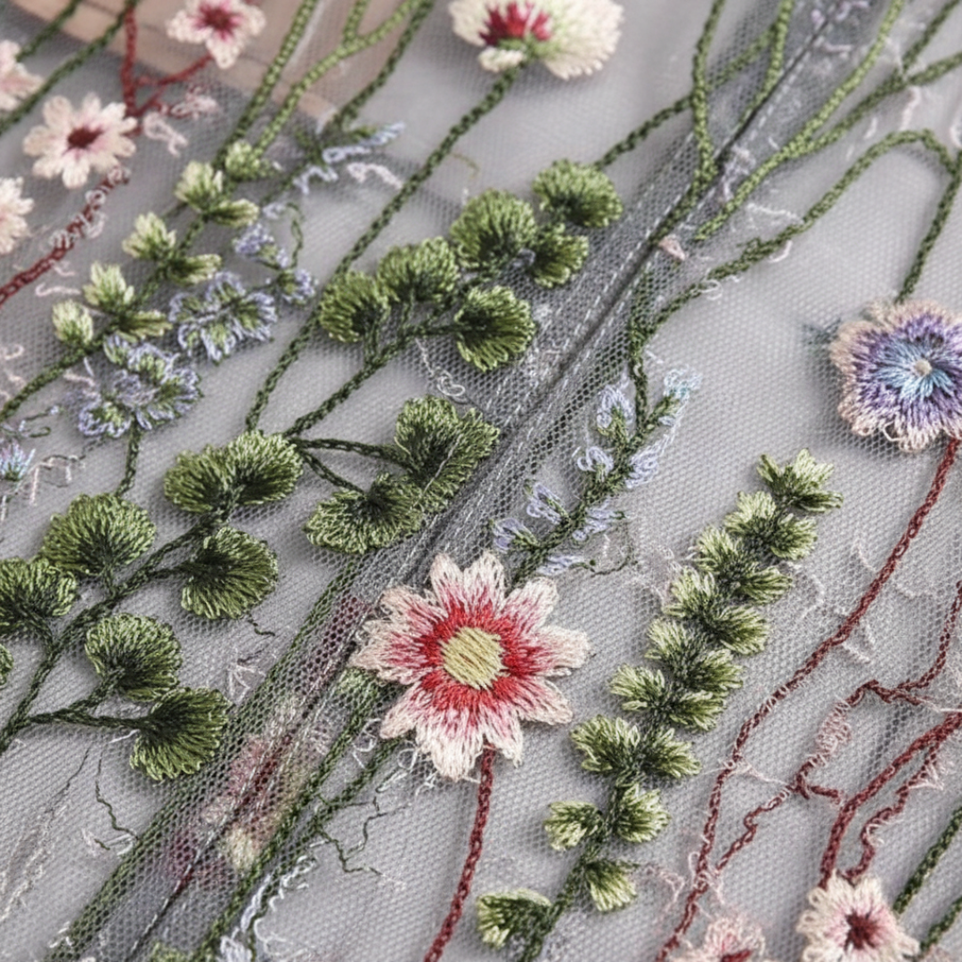 Stunning women's long embroidered dress. Elegant floral patterns, three-quarter sleeves, perfect evening or occasion wear.
