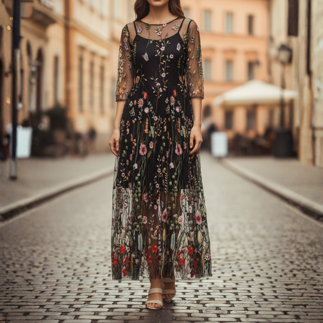 Embroidered maxi dress for adult women, elegant floral design, round neck, three-quarter sleeves. Great for formal wear.