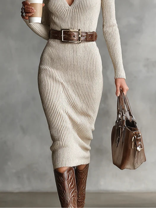 Chic high-neck belted midi dress in beige for women, an elegant and flattering choice for spring or winter.