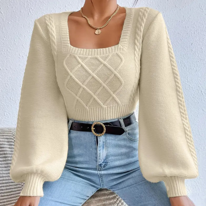 Elegant women's beige square neck sweater. Comfortable long sleeve top perfect for chic fall and winter fashion.