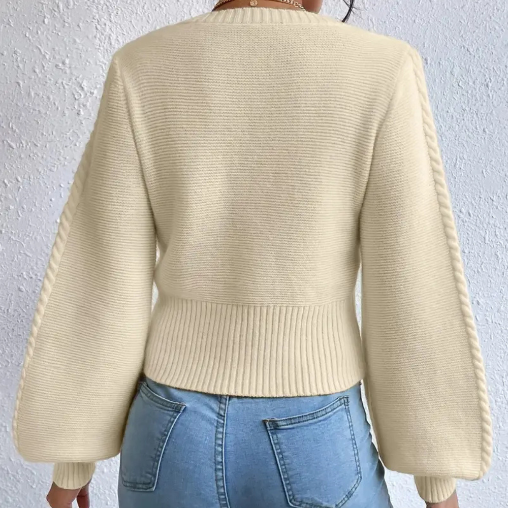 Chic women's square neck knit sweater in beige. Versatile long sleeve top with a flattering fit for any occasion.