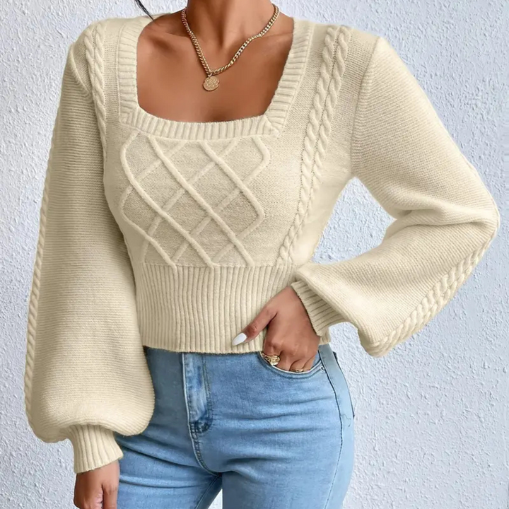 Women's elegant beige square neck sweater. Soft, comfortable long sleeve knit top for stylish fall & winter looks.