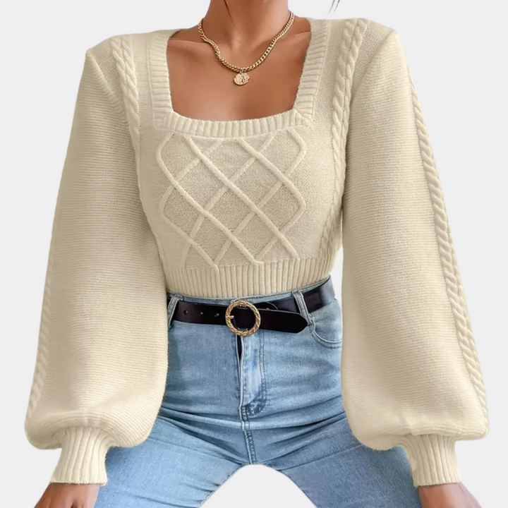 Stylish women's beige square neck sweater. Long sleeve, flattering fit for casual chic or elegant everyday wear.