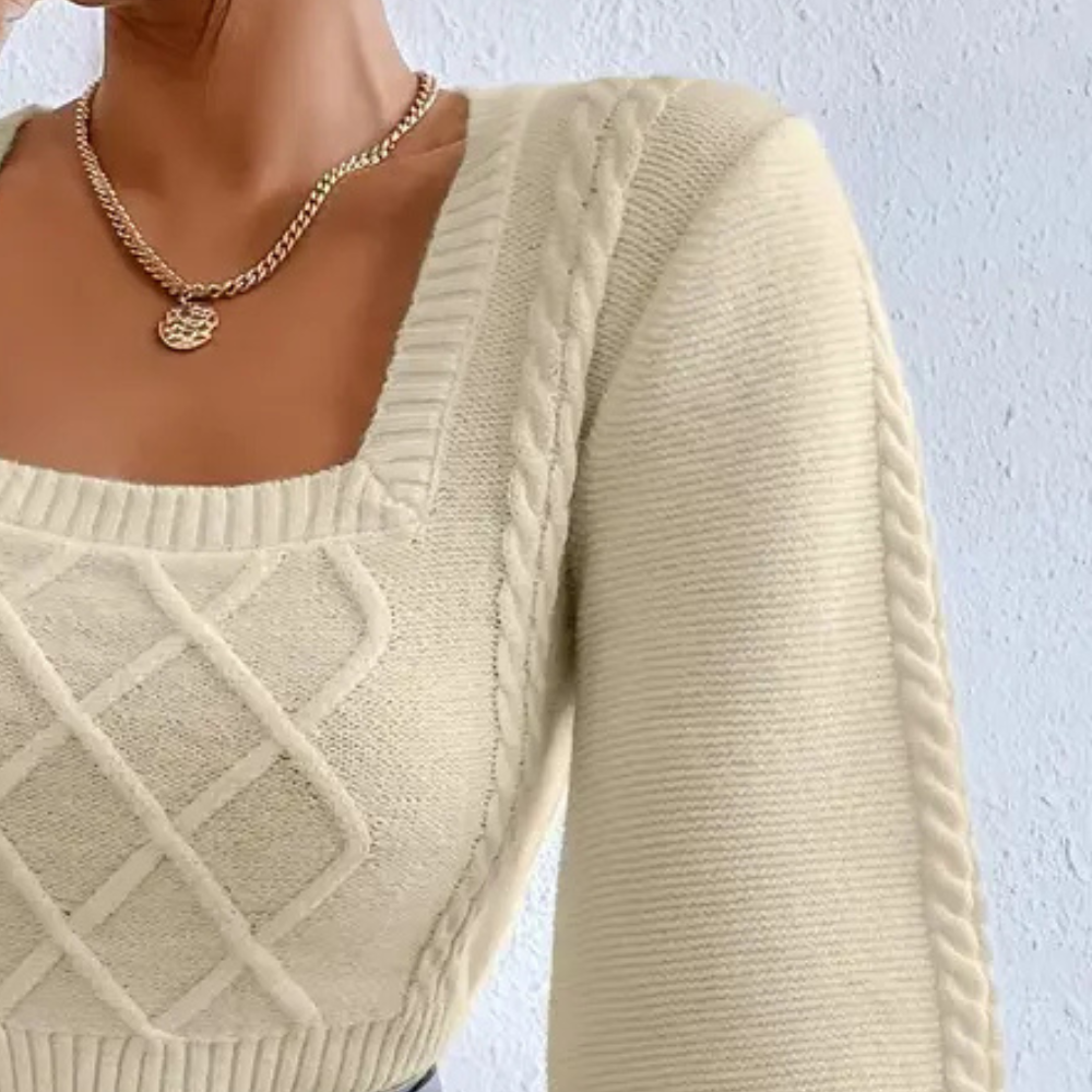 Comfortable women's square neck beige sweater. Modern long sleeve knitted top, ideal for versatile fall fashion.