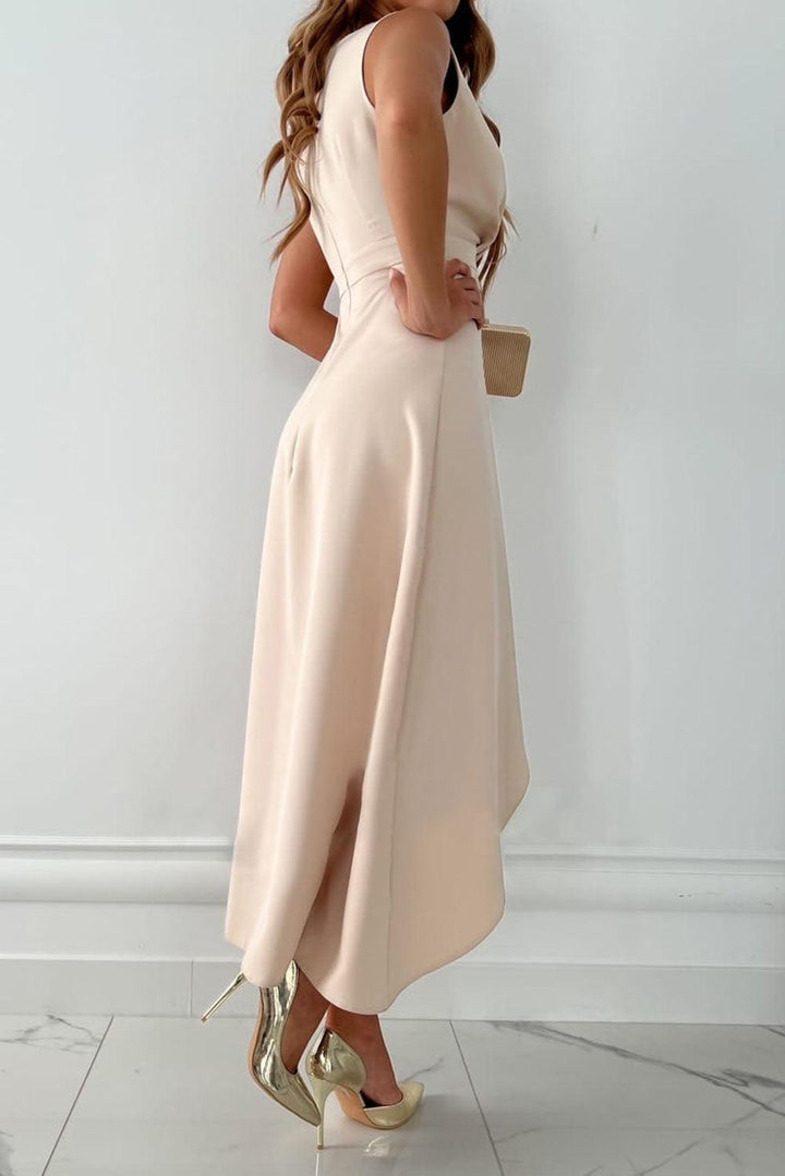 Chic women's V-neck wrap midi dress in beige, featuring an adjustable tie waist for a flattering fit.