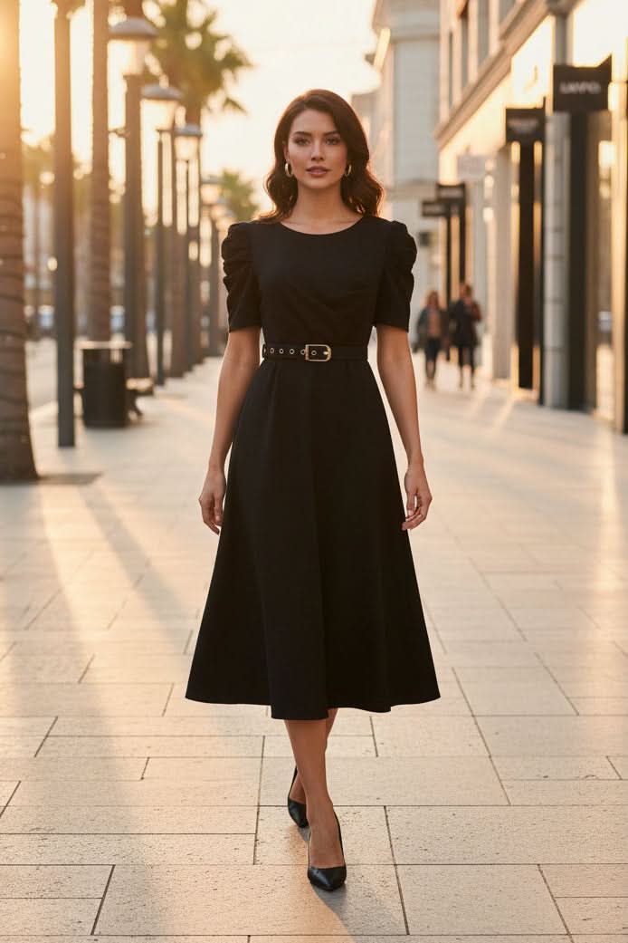 Elegant women's belted midi dress with V-neck, ruffle sleeves & fit-and-flare silhouette, perfect for office or special occasions.