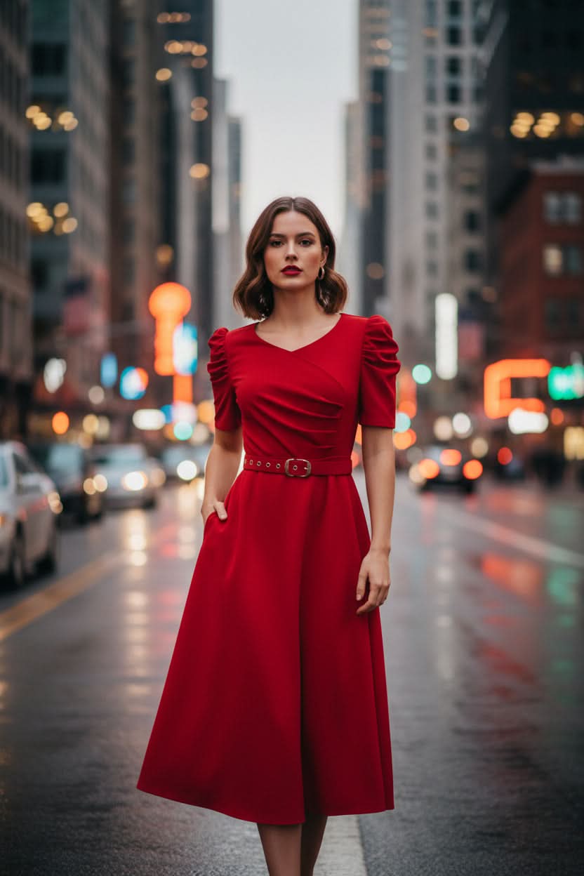 Stylish V-neck midi dress for women with a flattering belt & ruffle sleeves, ideal for summer, office, or graduation.