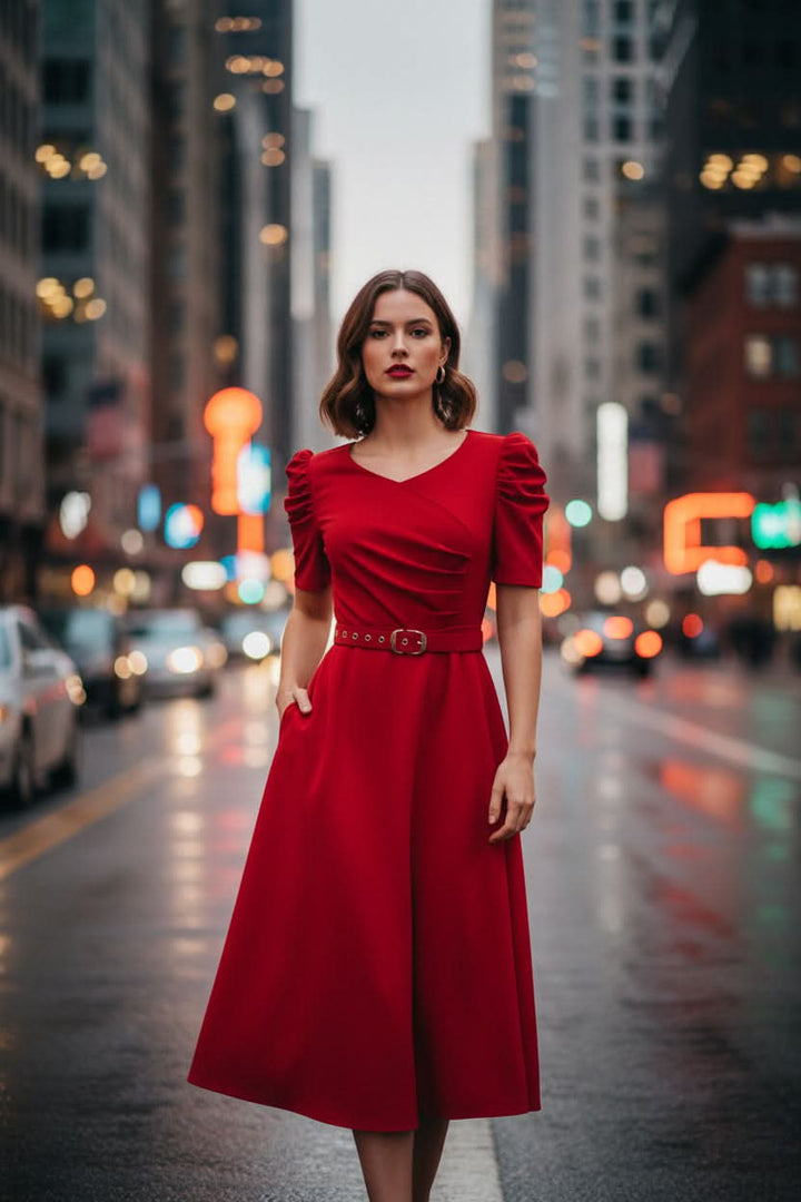 Stylish V-neck midi dress for women with a flattering belt & ruffle sleeves, ideal for summer, office, or graduation.