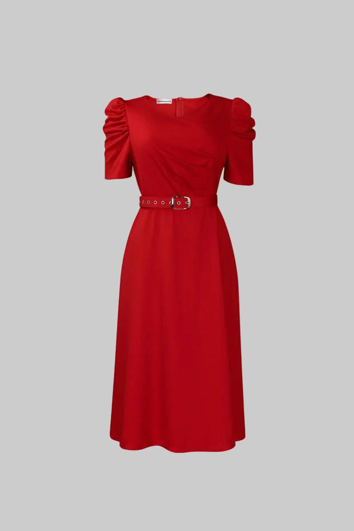 Chic women's belted midi dress, elegant & versatile with V-neck & ruffle sleeves. Great for casual, office or events.