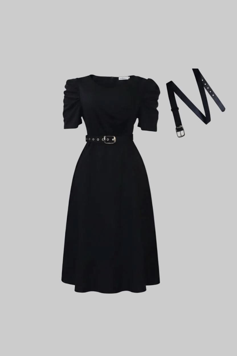 Beautiful fit-and-flare midi dress for women featuring a V-neck, elegant belt, & short ruffle sleeves, perfect for parties.