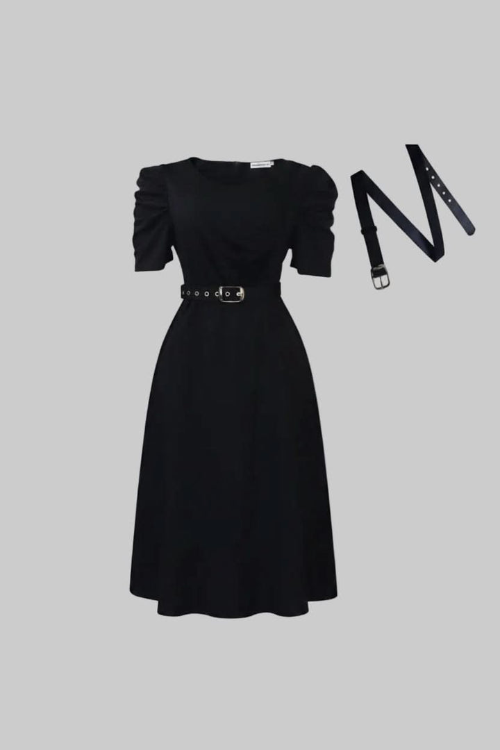 Beautiful fit-and-flare midi dress for women featuring a V-neck, elegant belt, & short ruffle sleeves, perfect for parties.