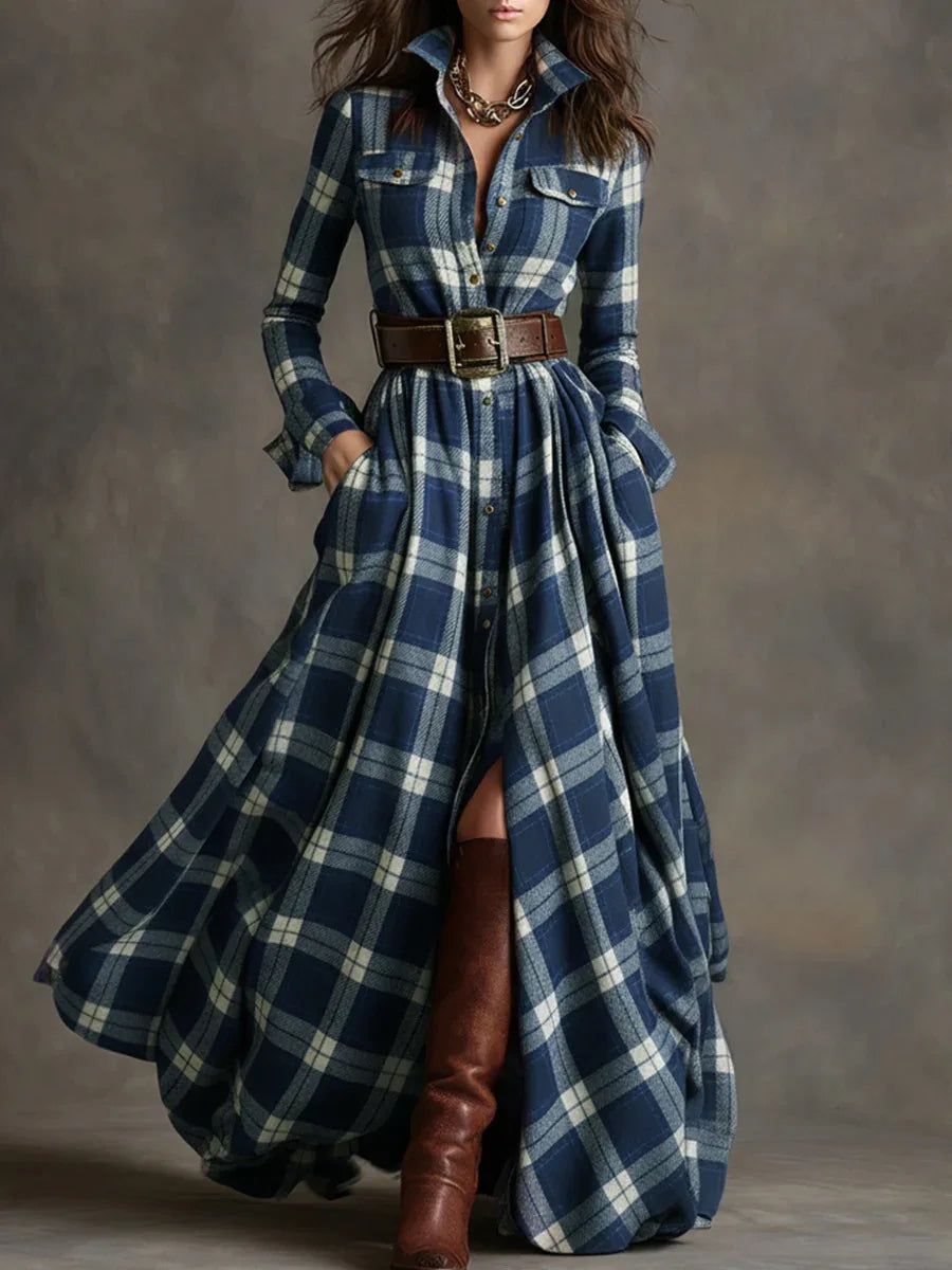 Elegant women's belted plaid maxi dress. Versatile day-to-evening style, long button-down design for spring/fall fashion.