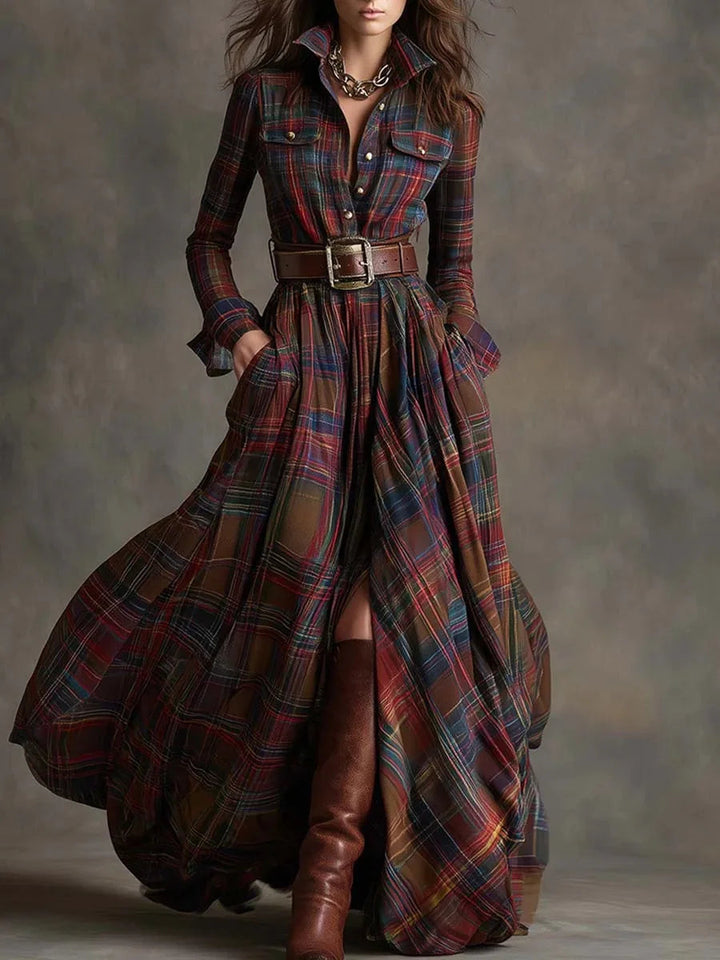 Trendy women's long plaid maxi dress with belt. Perfect for casual elegant day to evening wear in spring or fall.