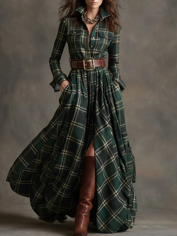 Sophisticated women's belted plaid button-down maxi dress. Flattering fit, ideal for day-to-evening casual or elegant occasions.