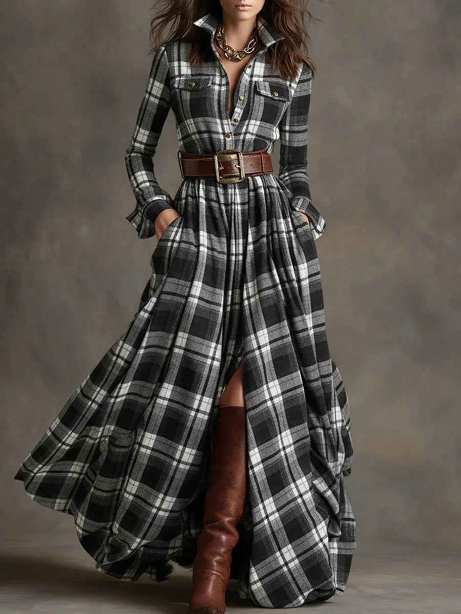 Women's elegant plaid maxi dress with belt. Button-down long dress, perfect for versatile day-to-evening spring/fall fashion.