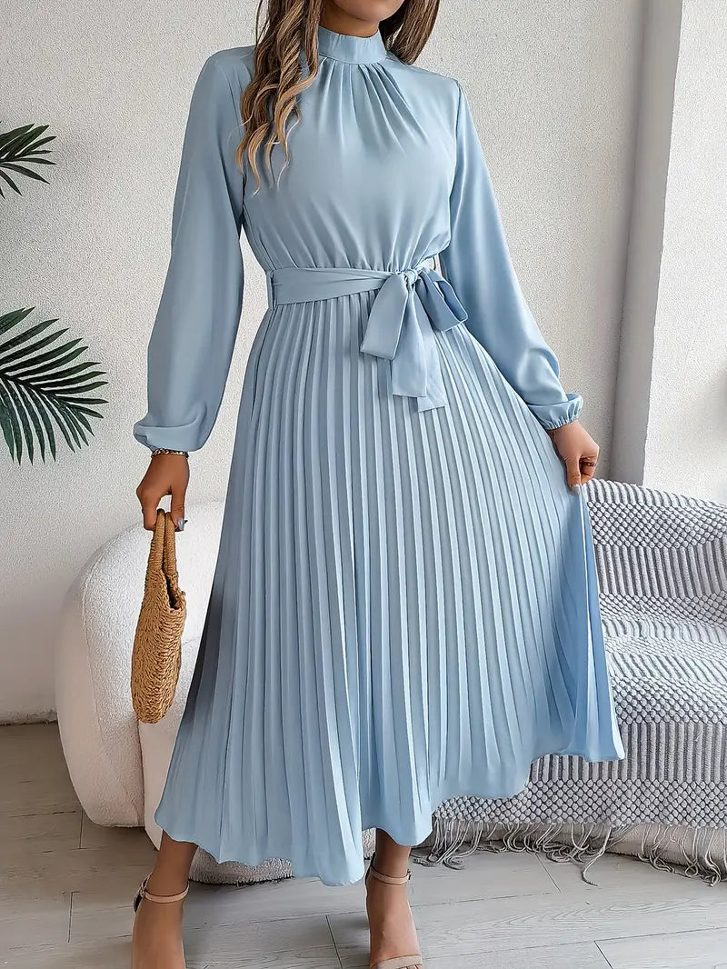 Elegant women's belted pleated midi dress, perfect for versatile sophisticated style.