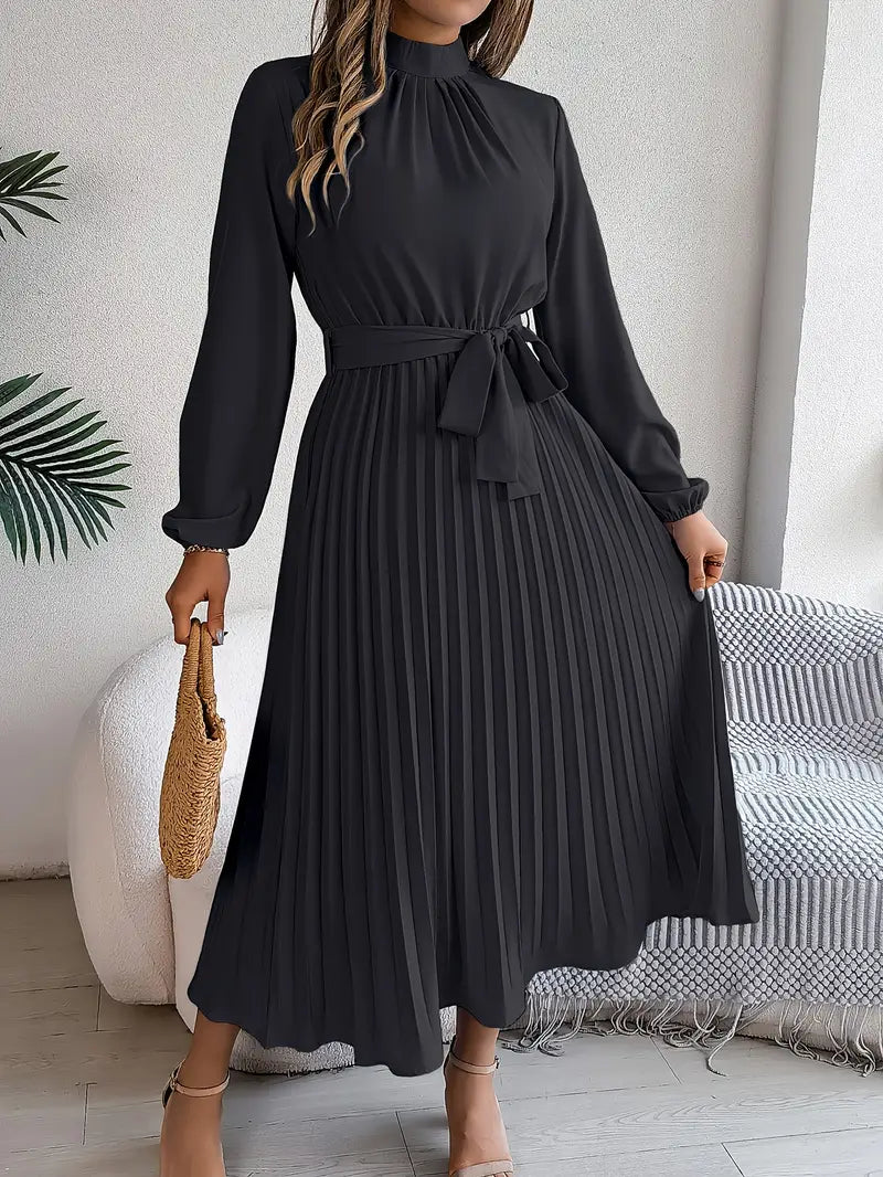 Effortless elegance: women's long-sleeve pleated midi dress with a flattering belted waist.