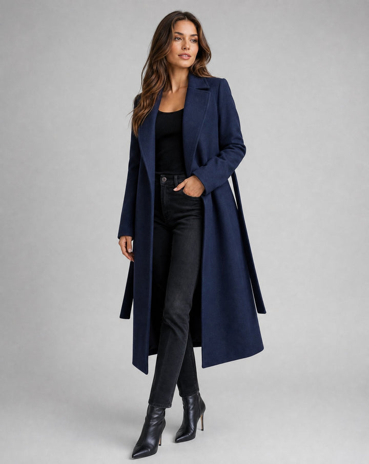 Elegant women's belted trench coat, structured fit, ideal for office & evening wear. Versatile fall-winter fashion.