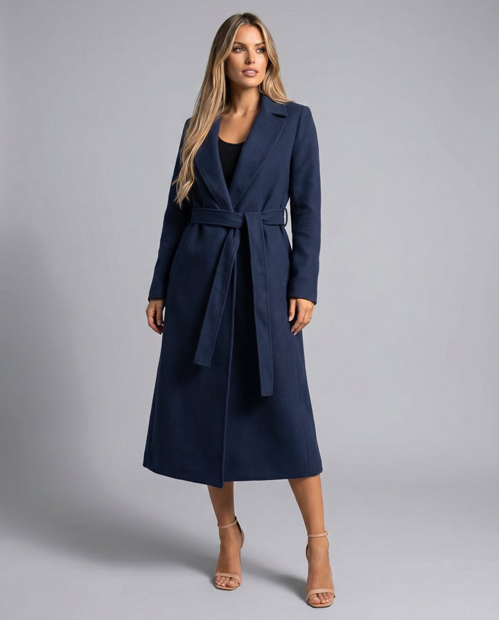 Chic women's belted trench coat, structured fit, great for professional office attire or elegant evening occasions.