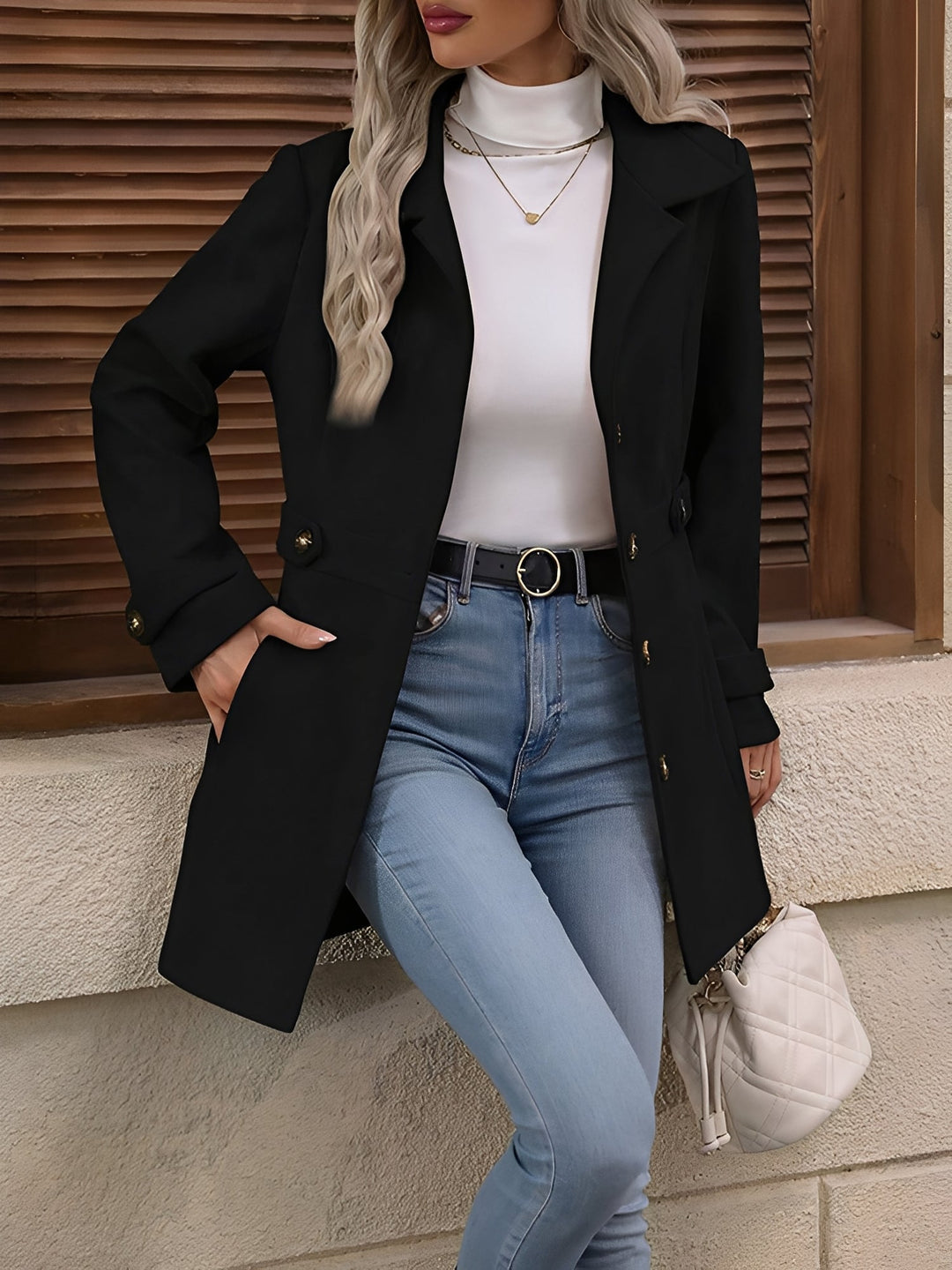 Detailed view of the fabric and elegant design of a women's notch collar belted trench coat.