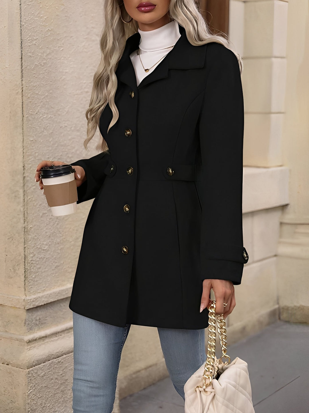 Classic women's outerwear: a versatile trench coat with a sophisticated notch collar & stylish belt.
