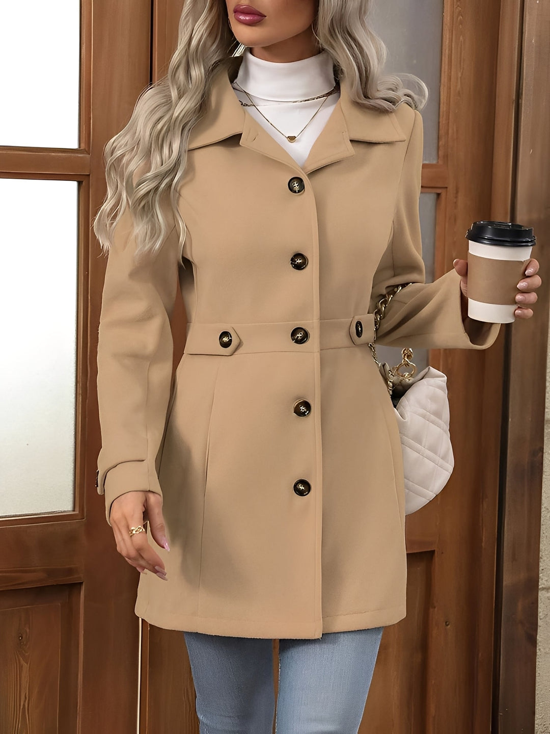Sophisticated women's trench coat, cinched with a belt, ideal for transitional office wear.