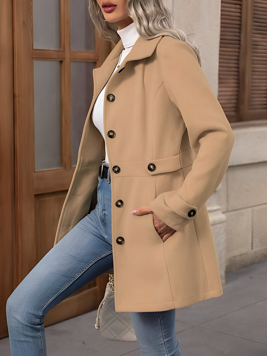 Full-length shot of a women's elegant trench coat, showcasing its notch collar and flattering belt.