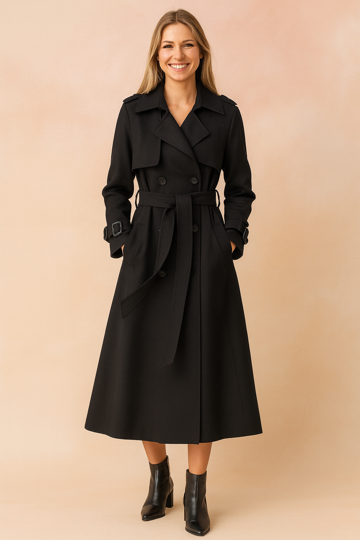 Elegant women's belted trench coat with wide lapel. Perfect long outerwear for work or casual fall/spring style.