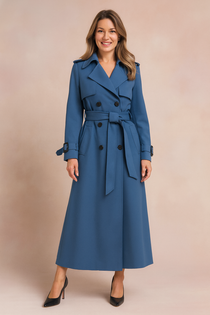 Classic women's belted trench coat, cinched at waist. Stylish wide lapel outerwear for workwear & casual elegance.
