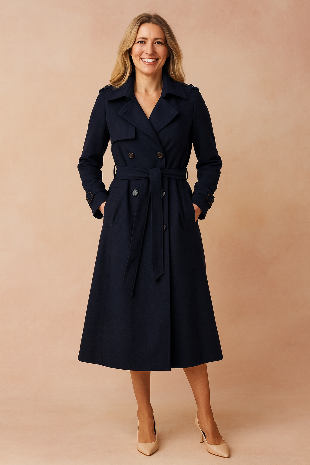 Long women's trench coat with wide lapel & belt, ideal for fall/spring. Flowing classic outerwear for work & casual.