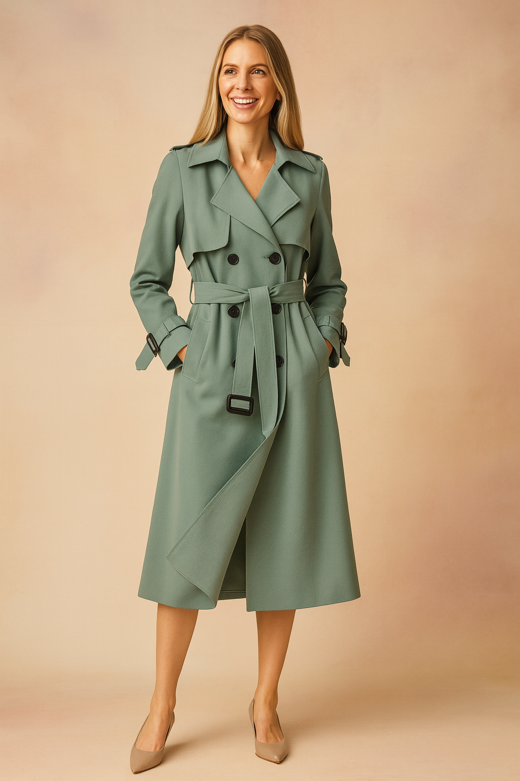 Tailored women's trench coat, belted for flattering fit. Wide lapel classic outerwear. Versatile for work & casual wear.